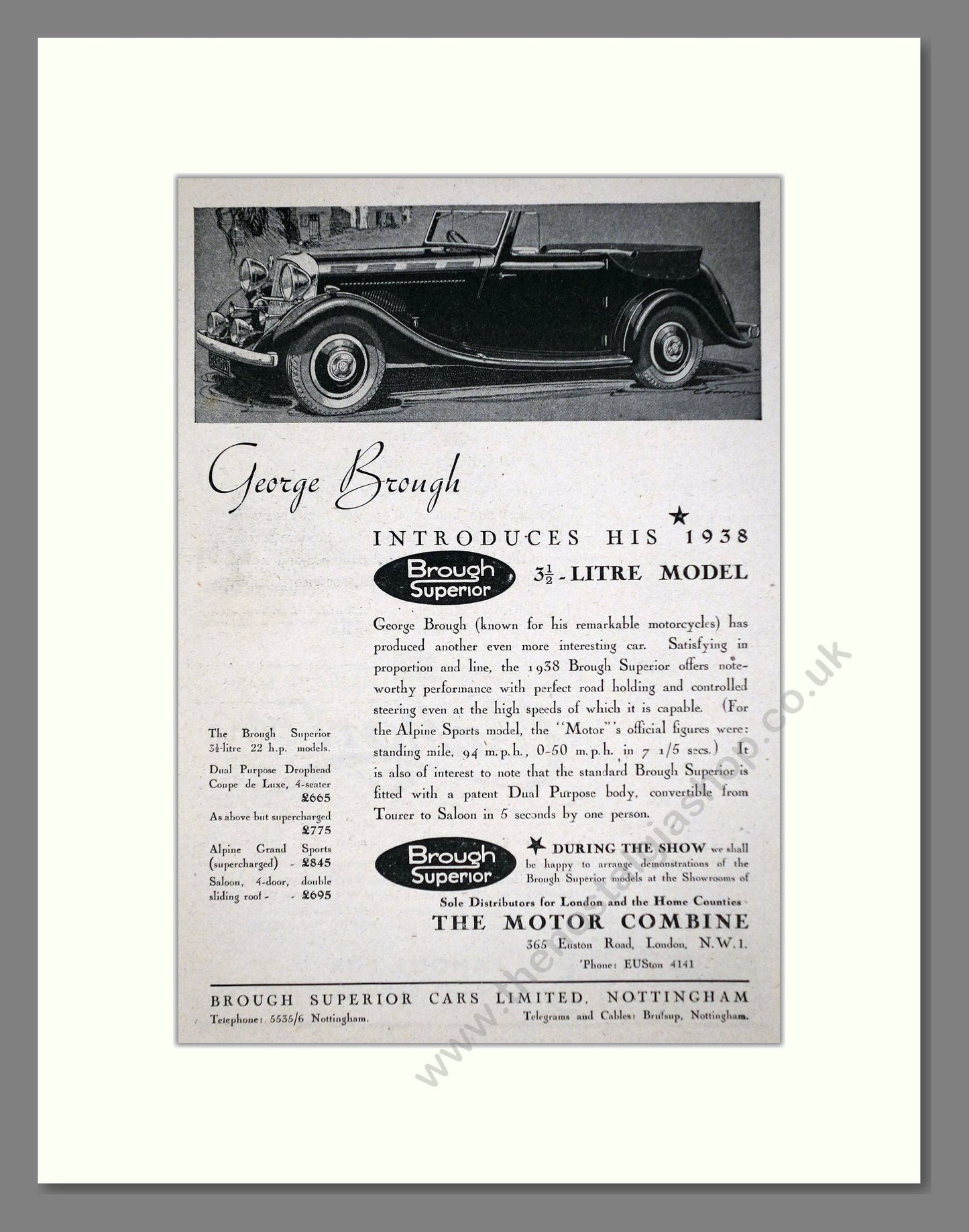 Brough - Superior 3.5 Litre. Vintage Advert 1937 (ref AD63627)