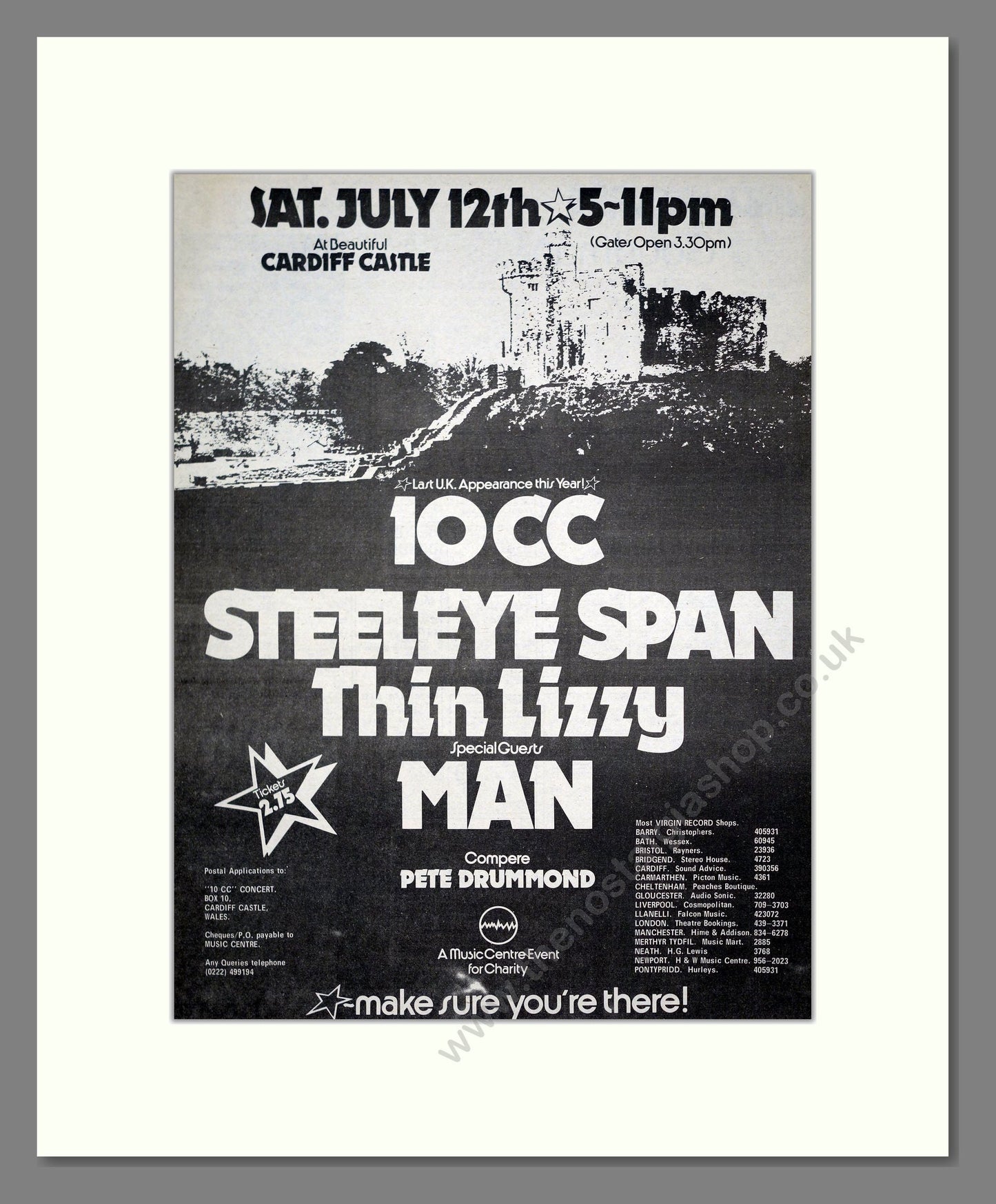 10CC / Steeleye Span / Thin Lizzy - Cardiff Castle. Vintage Advert 1975 (ref AD20270)