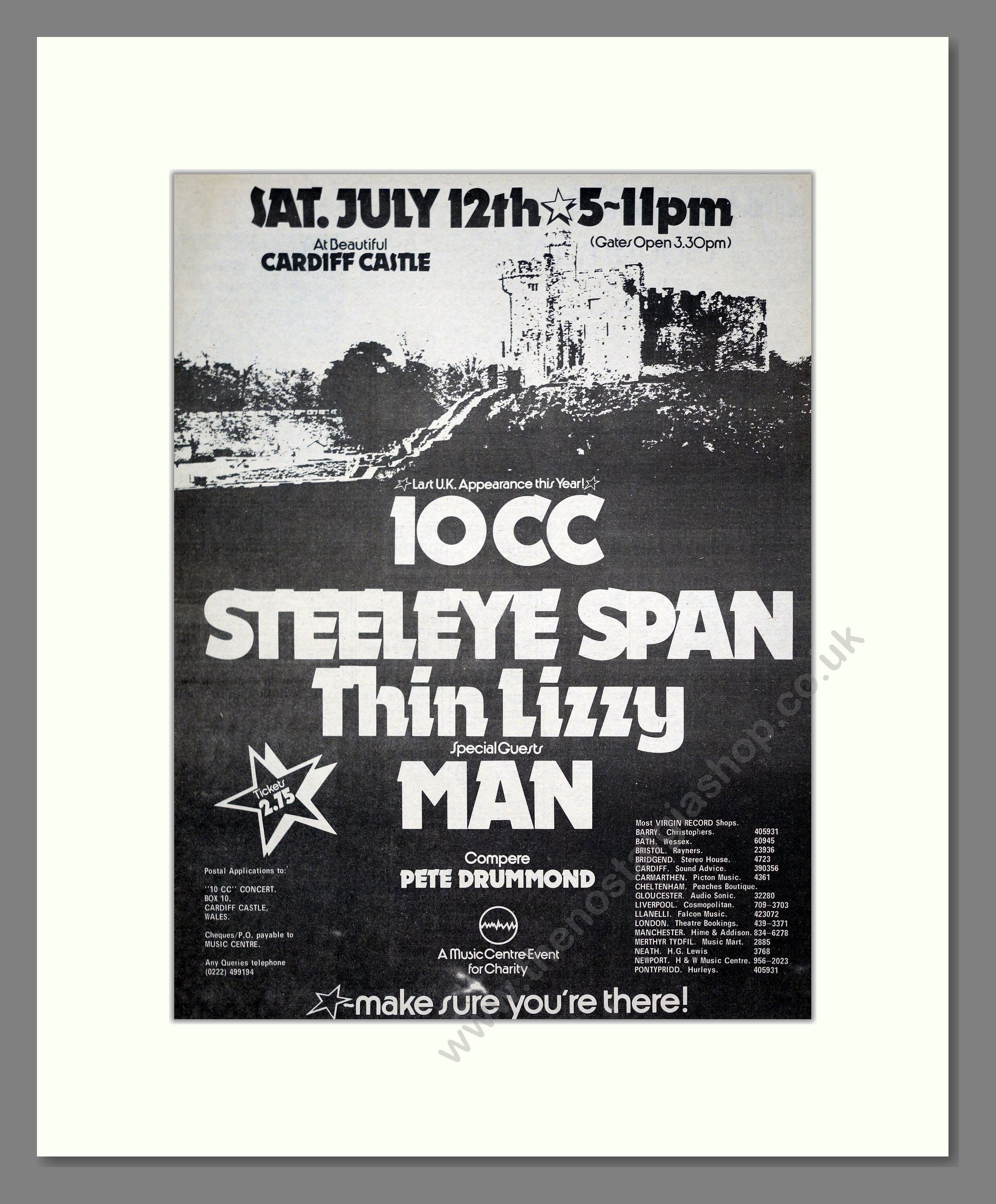 10CC / Steeleye Span / Thin Lizzy - Cardiff Castle. Vintage Advert 1975 (ref AD20270)