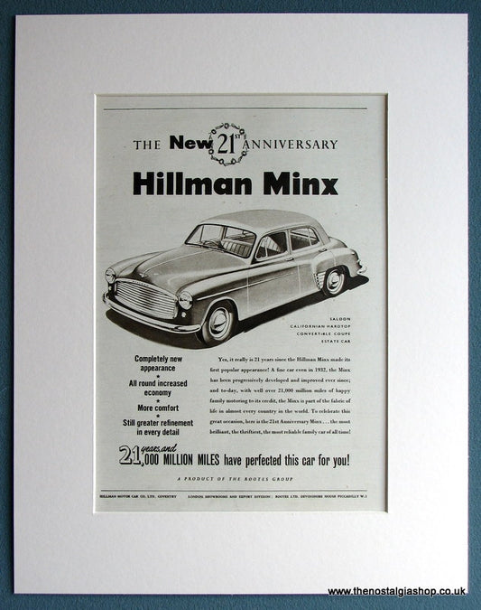 Hillman Minx 21st Anniversary Set Of 2 1953 Original Adverts (ref AD1712)