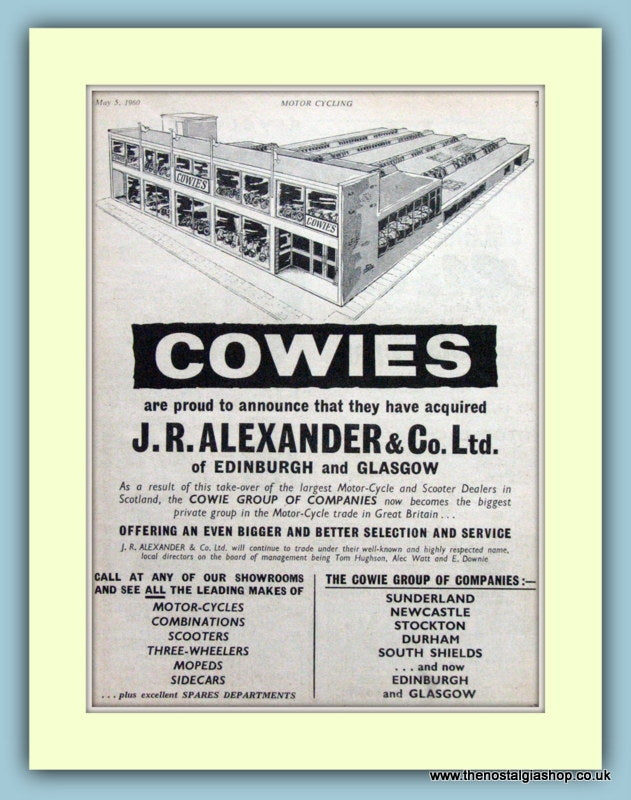 Cowies  Motorcycles Acquired J.R.Alexander & Co Original Advert 1960 (ref AD6597)