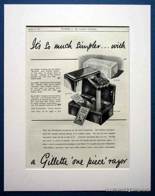 Gillette one Piece Razor. Original advert 1938 (ref AD1013)