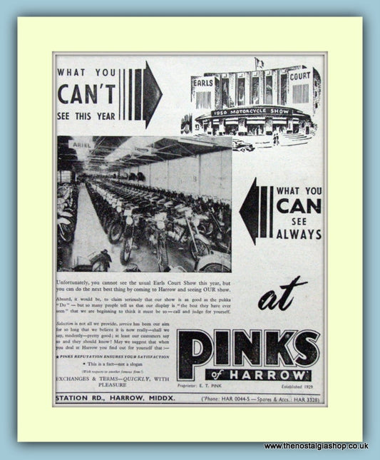 Pinks Of Harrow Motorcycles Original Advert 1950 (ref AD6586)