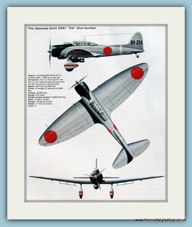 Japanese Aichi D3A1 "Val" Dive-Bomber Aircraft. Print (ref PR573)