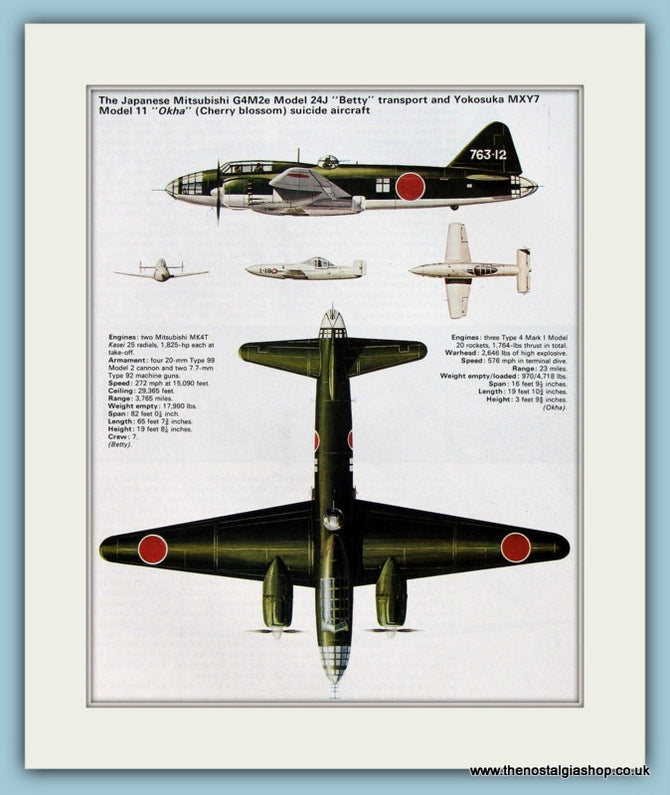 Japanese Mitsubishi G4M2e Model 24J "Betty" Transport & Yokosuka MXY7 Model 11 "Okha" Suicide Aircraft. Print (ref PR570)