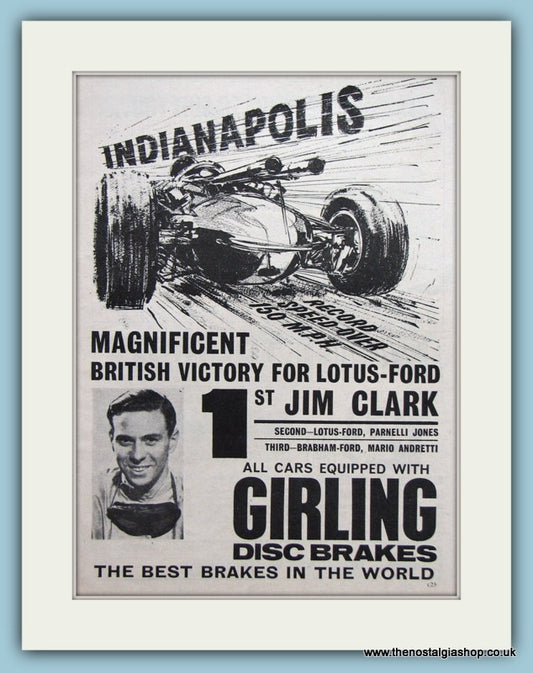 Jim Clark wins Indianapolis in Lotus Ford 1965 Original Advert (ref AD1995)