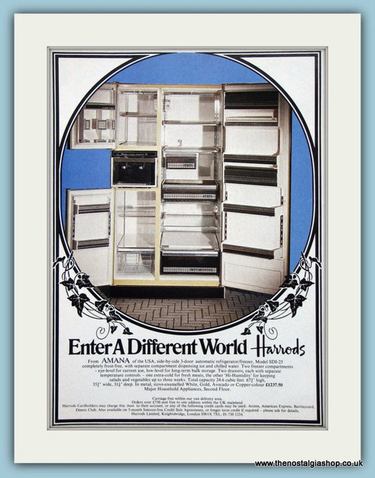 Harrods, Amana Fridge Freezer. Original Advert 1979 (ref AD2575)