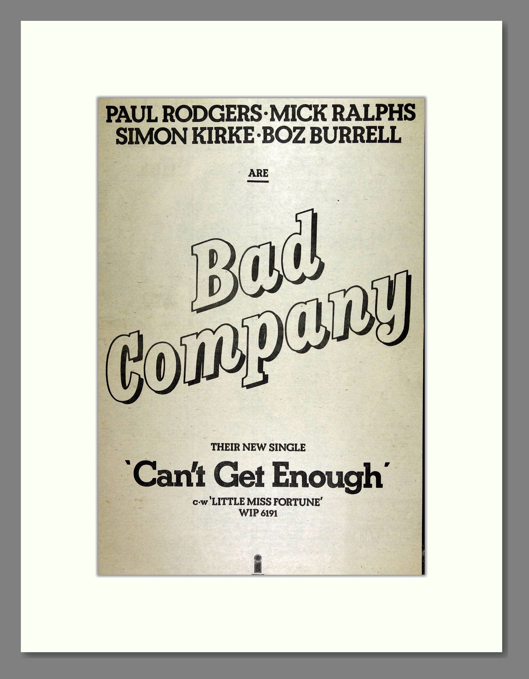 Bad Company - Can't Get Enough. Vintage Advert 1974 (ref AD16072)