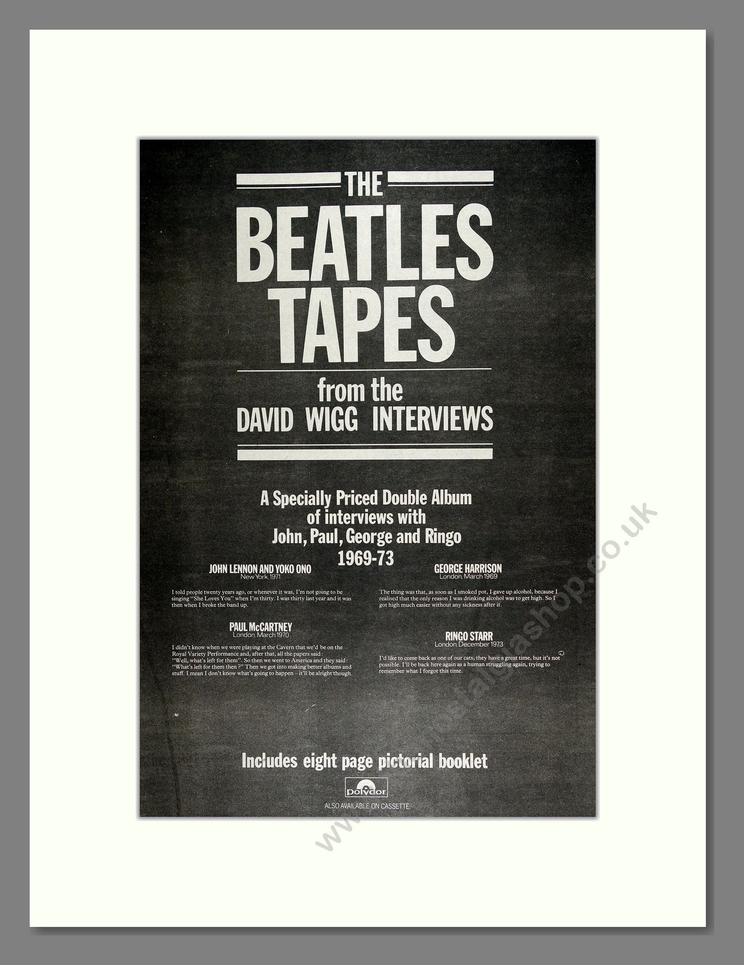 Beatles Tapes - David Wigg Interviews . Vintage Advert 1976 (ref AD16107)