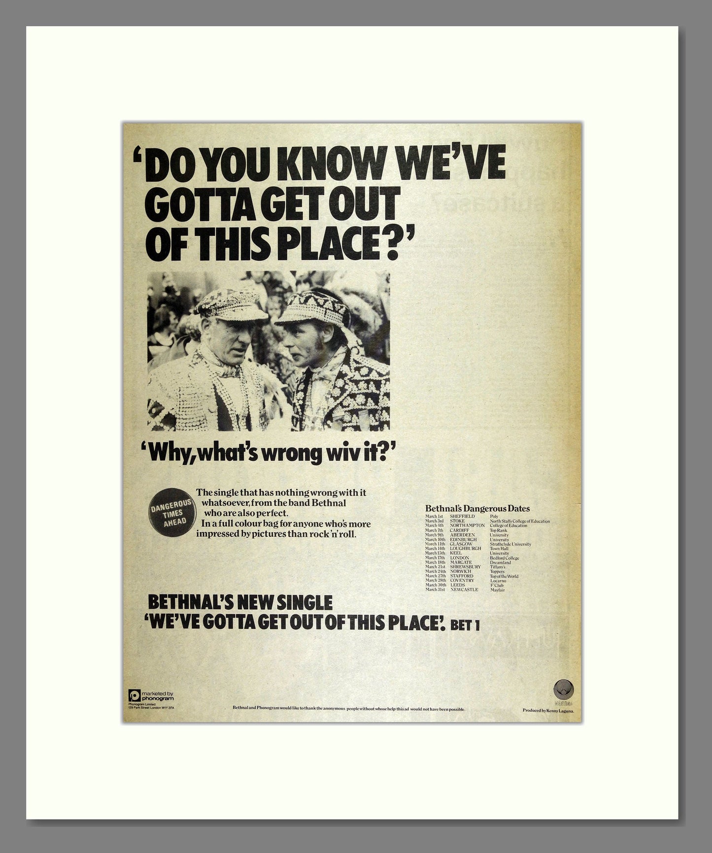 Bethnal - We've Gotta Get Out of This Place. Vintage Advert 1978 (ref AD16152)