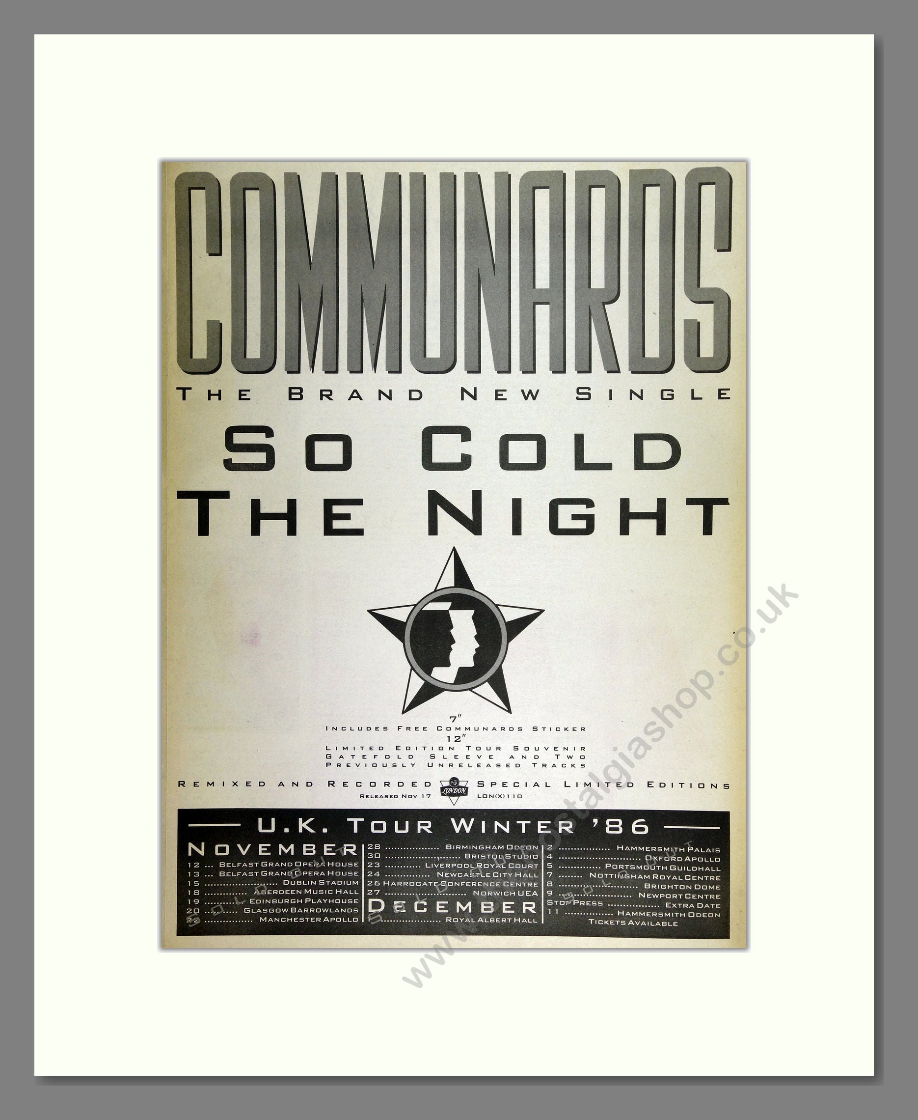 Communards (The)  - So Cold The Night UK Tour. Vintage Advert 1986 (ref AD16277)