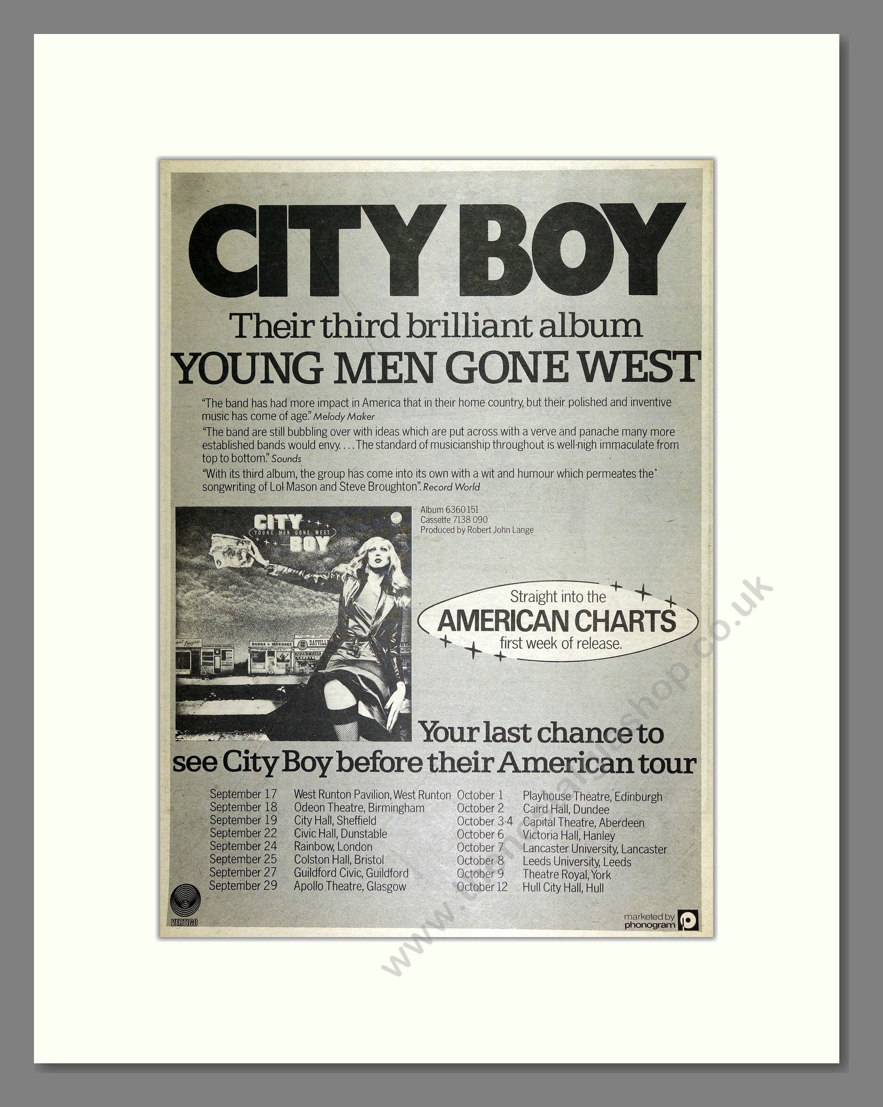 City Boy - Young Men Gone West. Vintage Advert 1977 (ref AD16306)