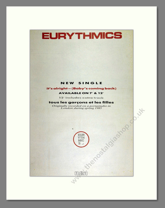 Eurythmics - It's Alright (Baby's Coming Back). Vintage Advert 1986 (ref AD16329)