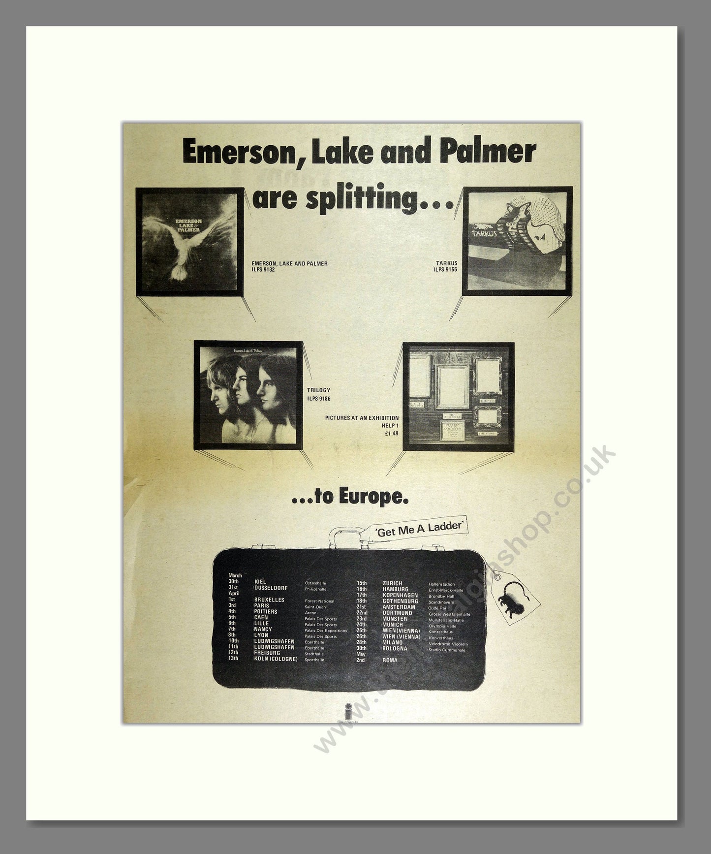 Emmerson Lake and Palmer - European Tour. Vintage Advert 1973 (ref AD16334)