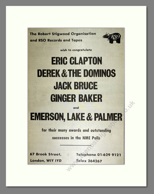 Eric Clapton - Derek and The Dominos, Jack Bruce, Ginger Baker, Emmerson Lake and Palmer. Vintage Advert 1973 (ref AD16338)