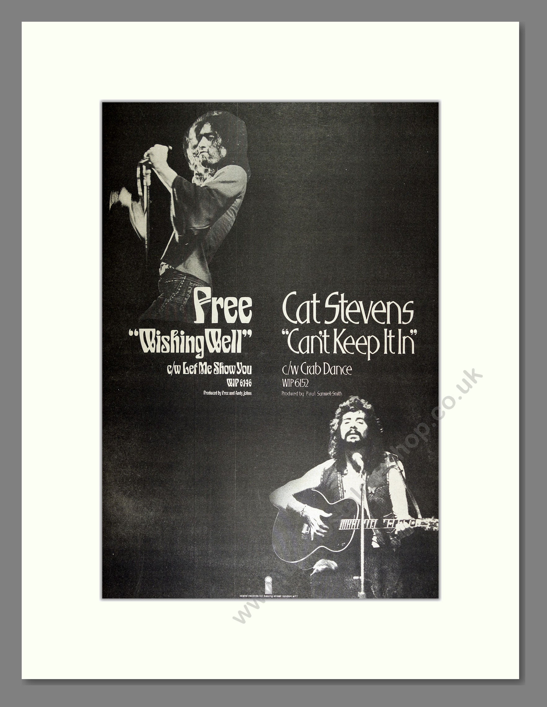 Free and Cat Stevens - Wishing Well / Can't Keep It In. Vintage Advert 1972 (ref AD16351)