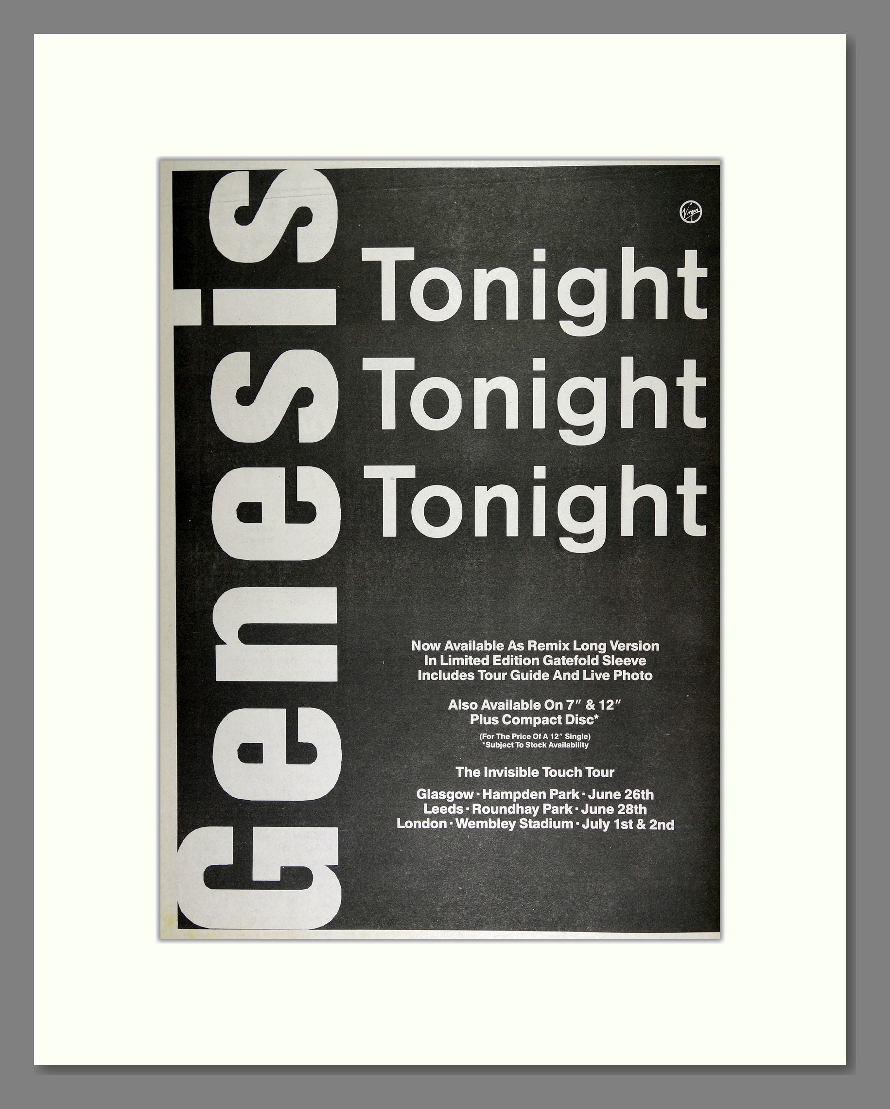 Genesis - Tonight Tonight Tonight. Vintage Advert 1987 (ref AD16385)