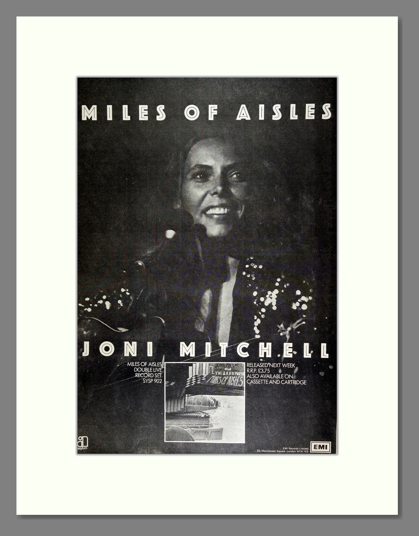 Joni Mitchell - Miles of Aisles. Vintage Advert 1974 (ref AD16460)