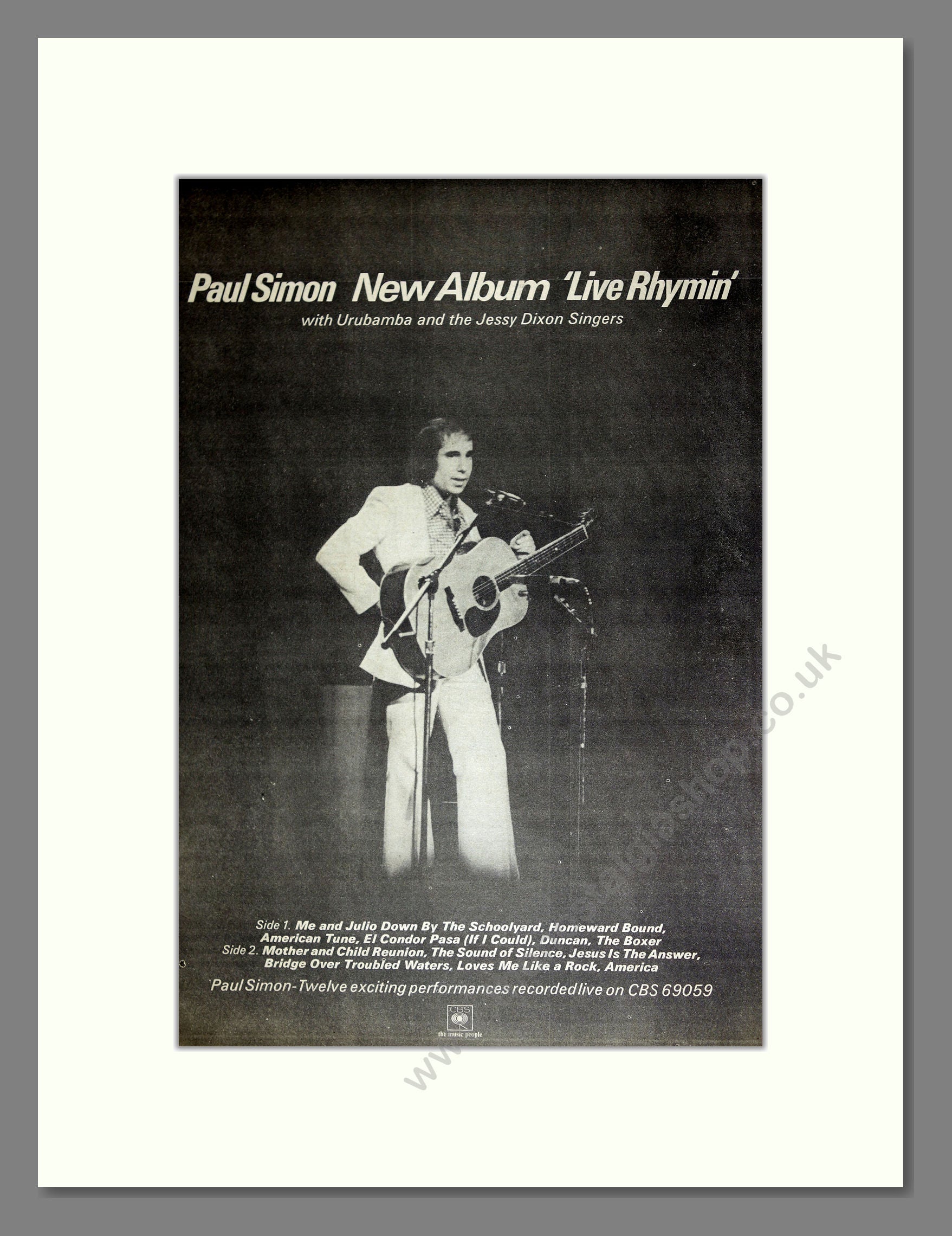 Paul Simon - Live Rhymin'. Vintage Advert 1974 (ref AD16695)