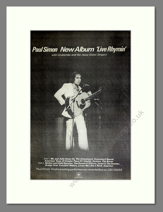 Paul Simon - Live Rhymin'. Vintage Advert 1974 (ref AD16695)