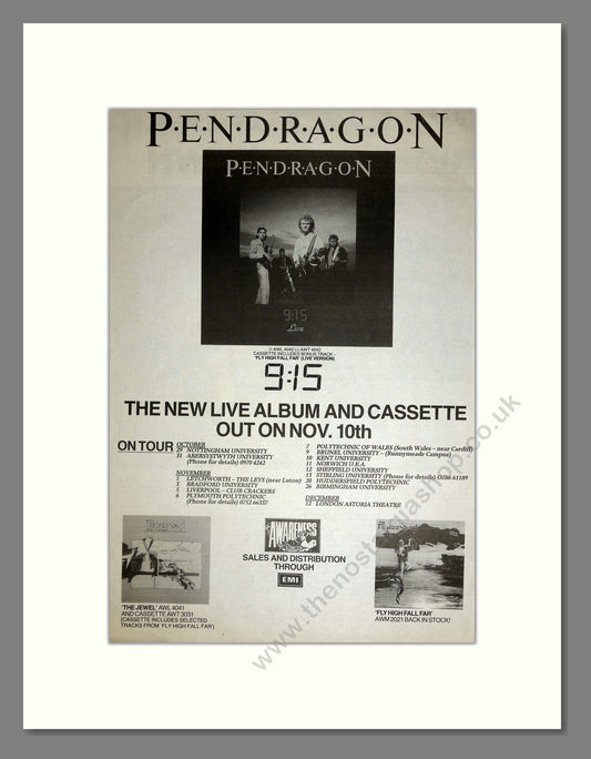 Pendragon - 9:15 Live Album UK Tour. Vintage Advert 1986 (ref AD16755)