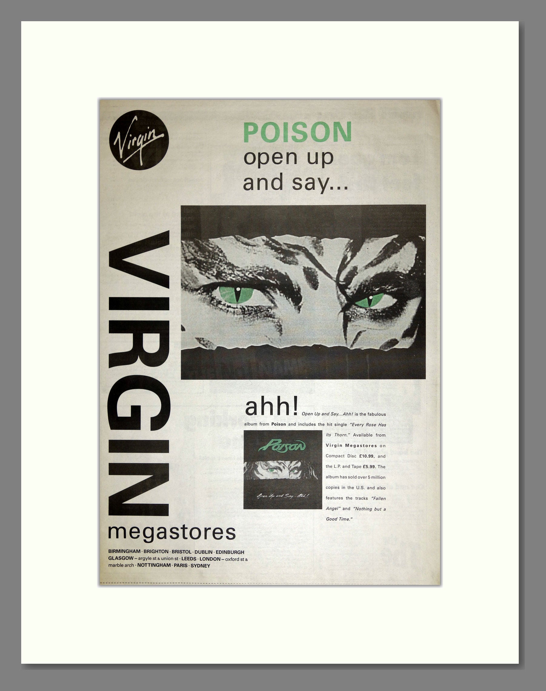 Poison - Open Up and Say Ahh!. Vintage Advert 1989 (ref AD16781)