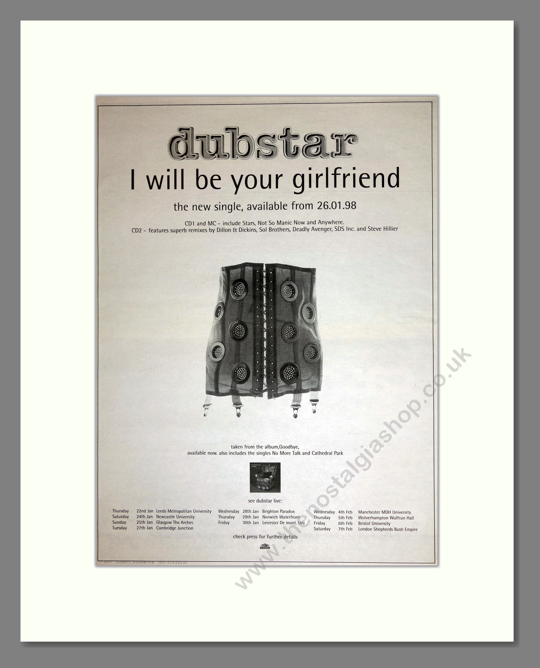 DubStar - I Will Be Your Girlfriend. Vintage Advert 1998 (ref AD16902)