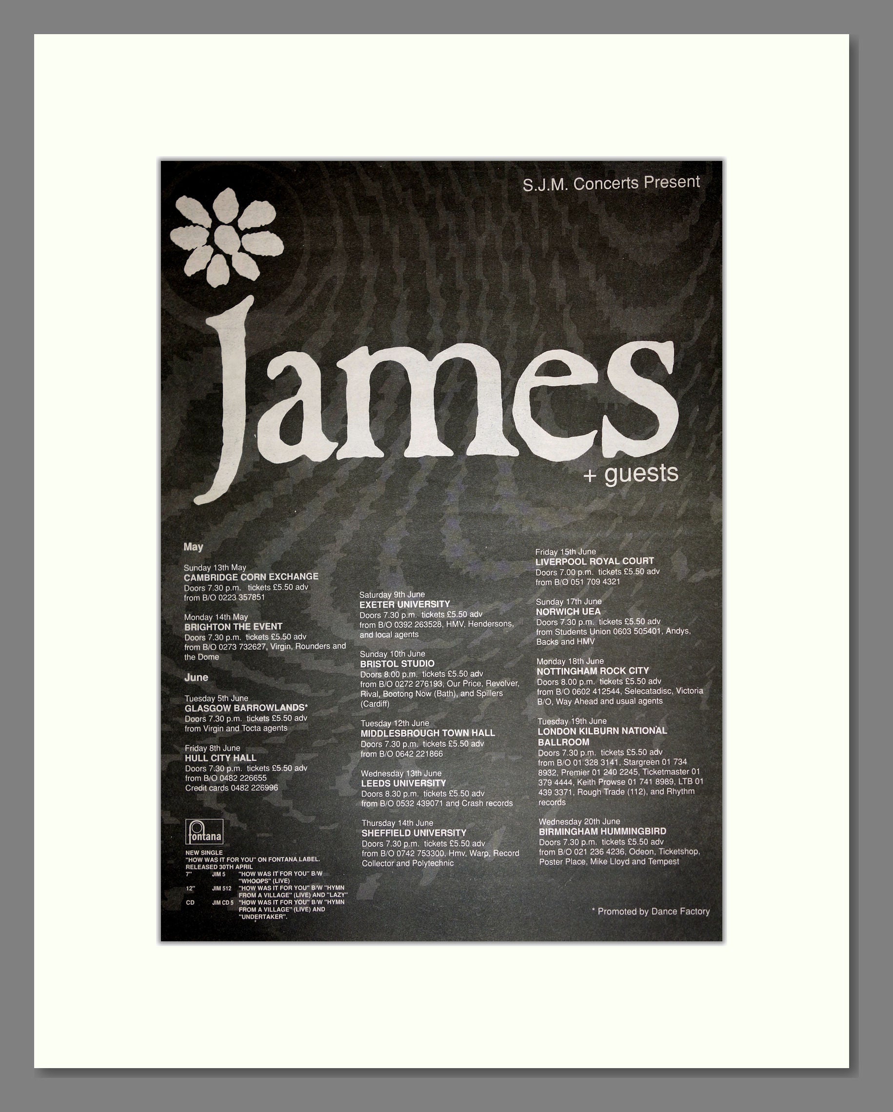 James - UK Tour. Vintage Advert 1990 (ref AD16920)