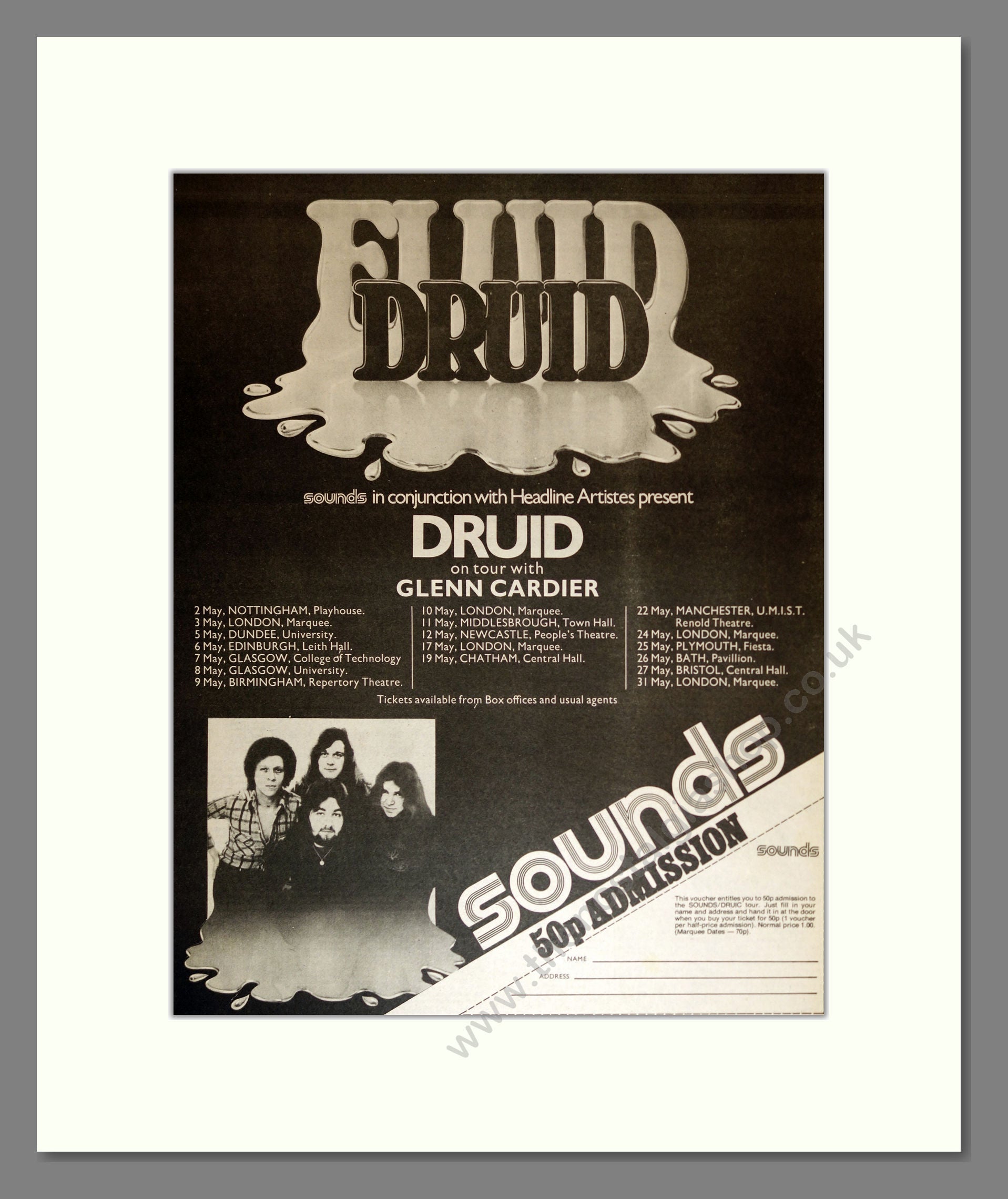 Druid - Fluid Druid UK Tour with Glenn Cardier. Vintage Advert 1976 (ref AD16970)