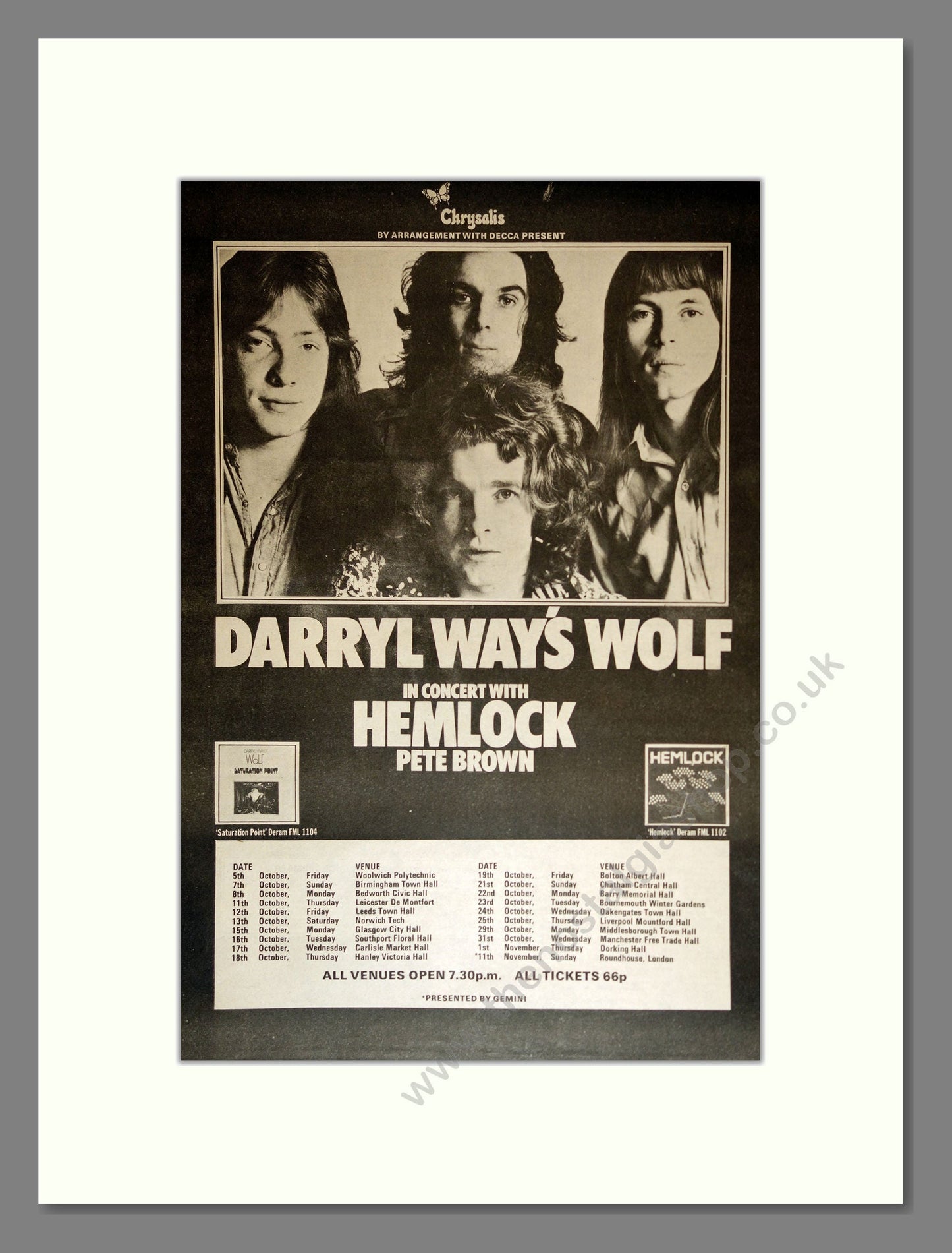 Darryl Way's Wolf - UK Tour With Hemlock. Vintage Advert 1973 (ref AD16971)