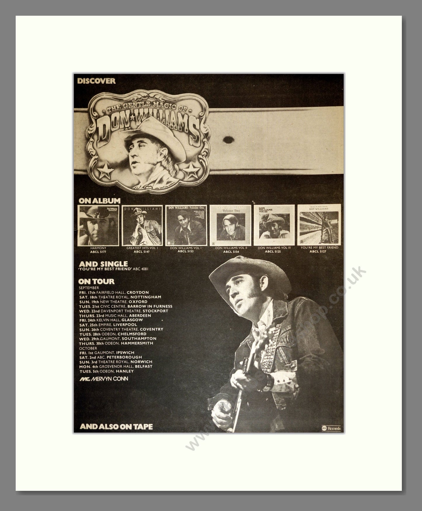 Don Williams - Various Albums UK Tour. Vintage Advert 1976 (ref AD17017)