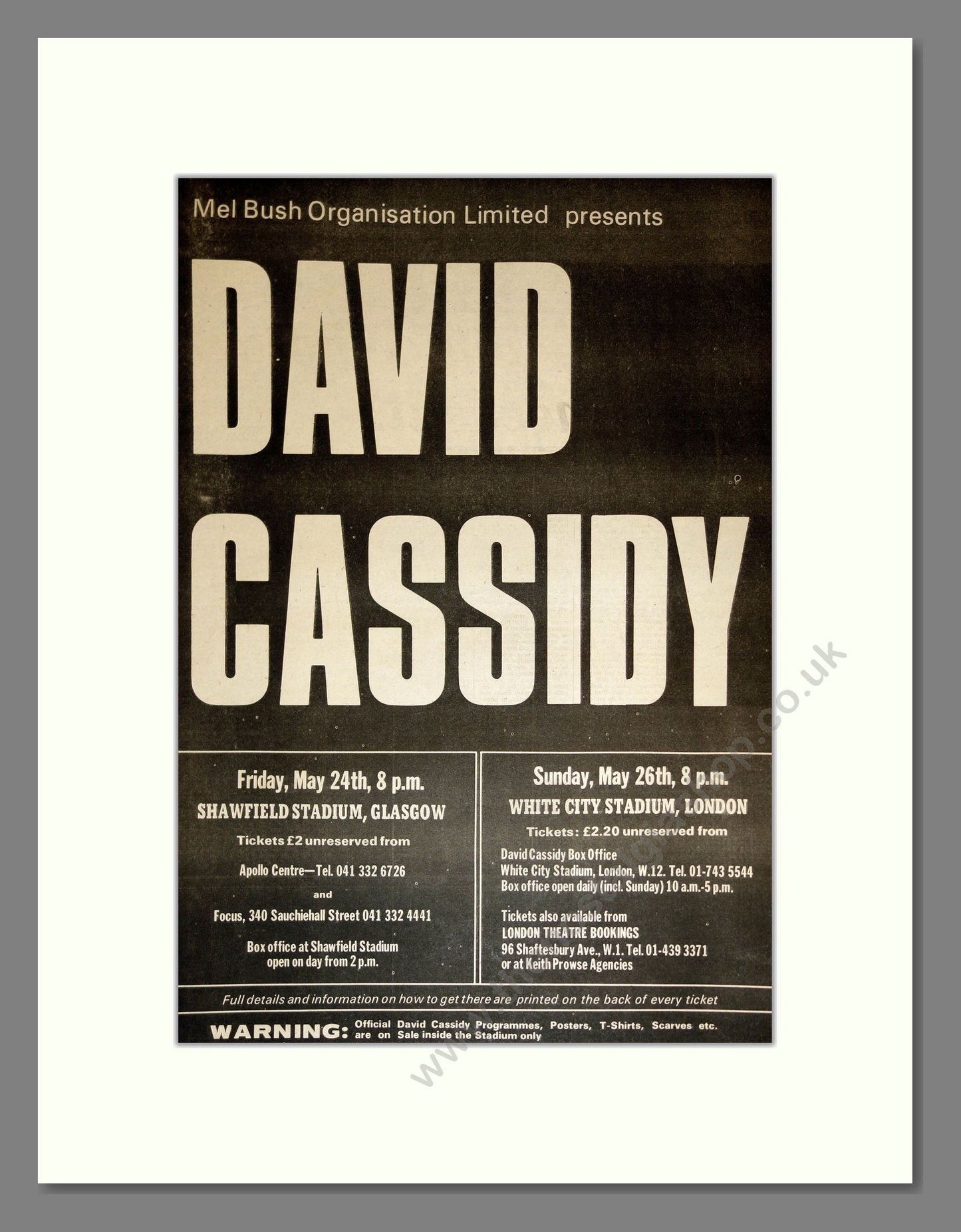 David Cassidy - UK Tour. Vintage Advert 1974 (ref AD17078)