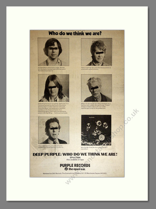 Deep Purple - Who Do We Think We Are. Vintage Advert 1973 (ref AD17121)