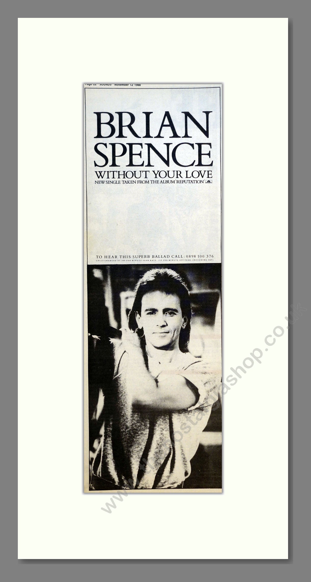 Brian Spence - Without Your Love. Vintage Advert 1988 (ref AD200902)