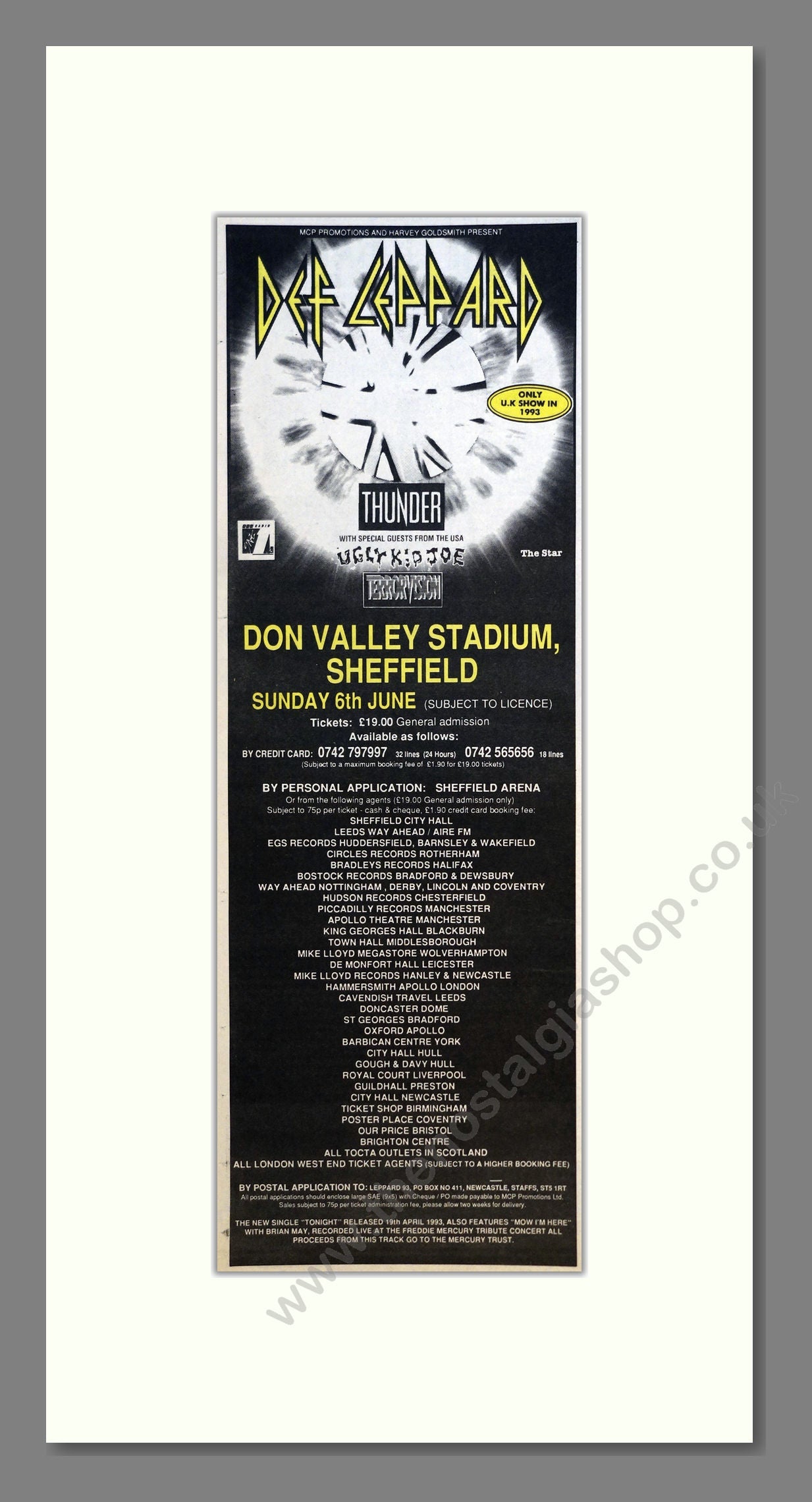 Def Leppard  - Don Valley Stadium (With Thunder). Vintage Advert 1993 (ref AD201054)