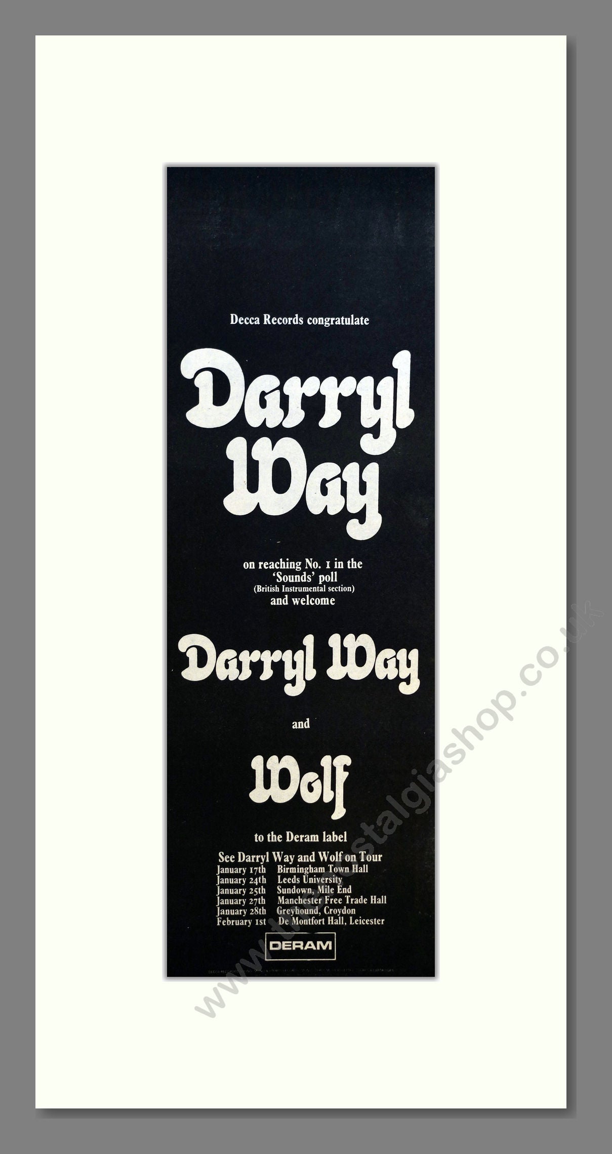 Darryl Way / Wolf - UK Tour. Vintage Advert 1973 (ref AD201065)