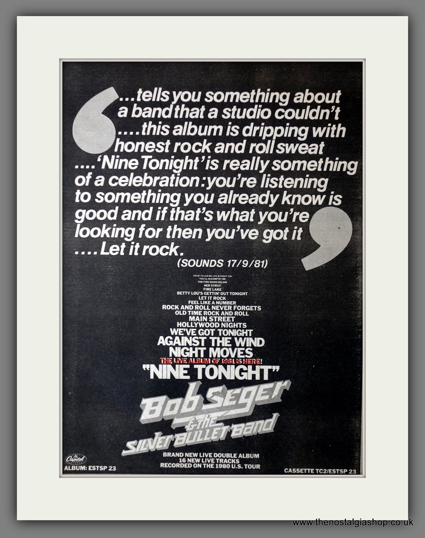 Bob Seger The Silver Bullet Band, Nine Tonight. Original Advert 1981 (ref AD14155)