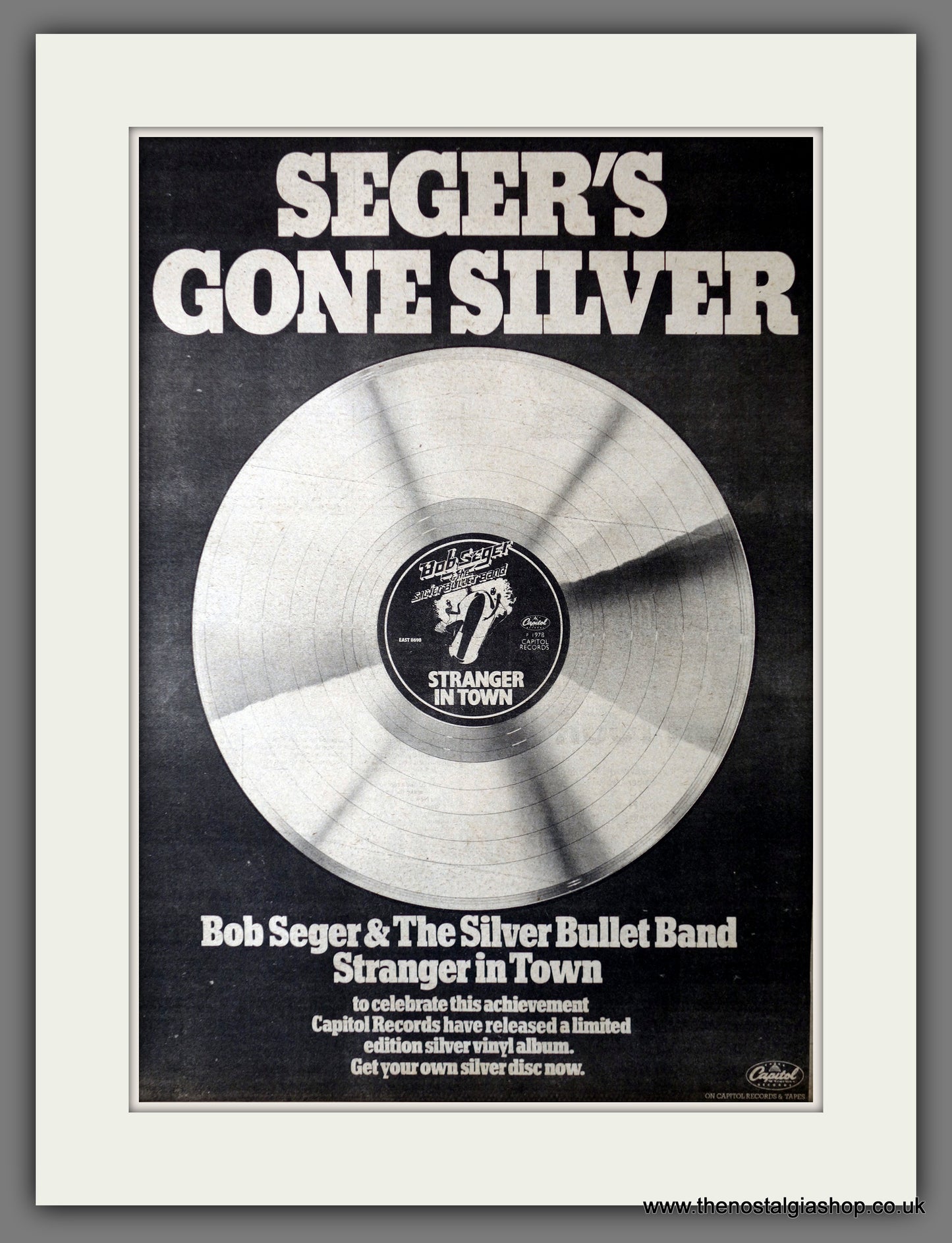 Bob Seger The Silver Bullet Band, Stranger In Town. Original Advert 1978 (ref AD14156)