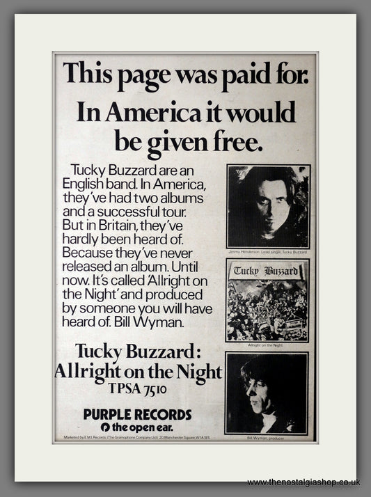 Tucky Buzzard. All Right On The Night. Vintage Advert 1973 (ref AD14346)