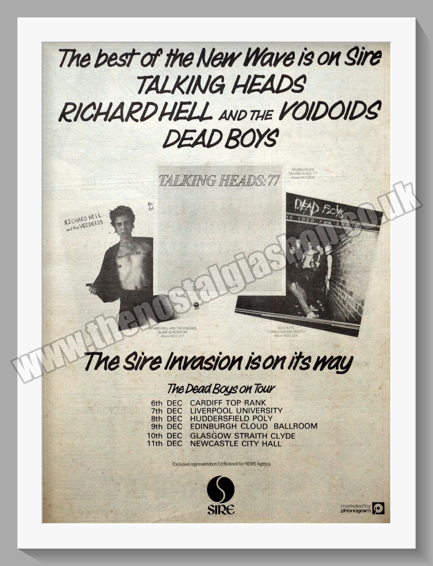 Talking Heads, Dead Boys On Tour & Richard Hell.  Original Advert 1977 (ref AD14494)