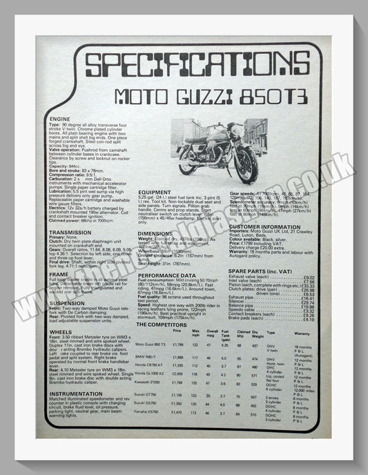 Moto Guzzi 850T3 Motorcycle Specifications. Original Advert 1978 (ref AD56672)