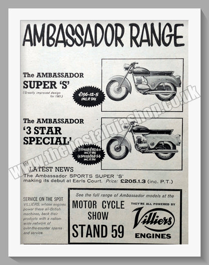 Ambassador Motorcycle Range. Original Double Advert 1960 (ref AD56759)