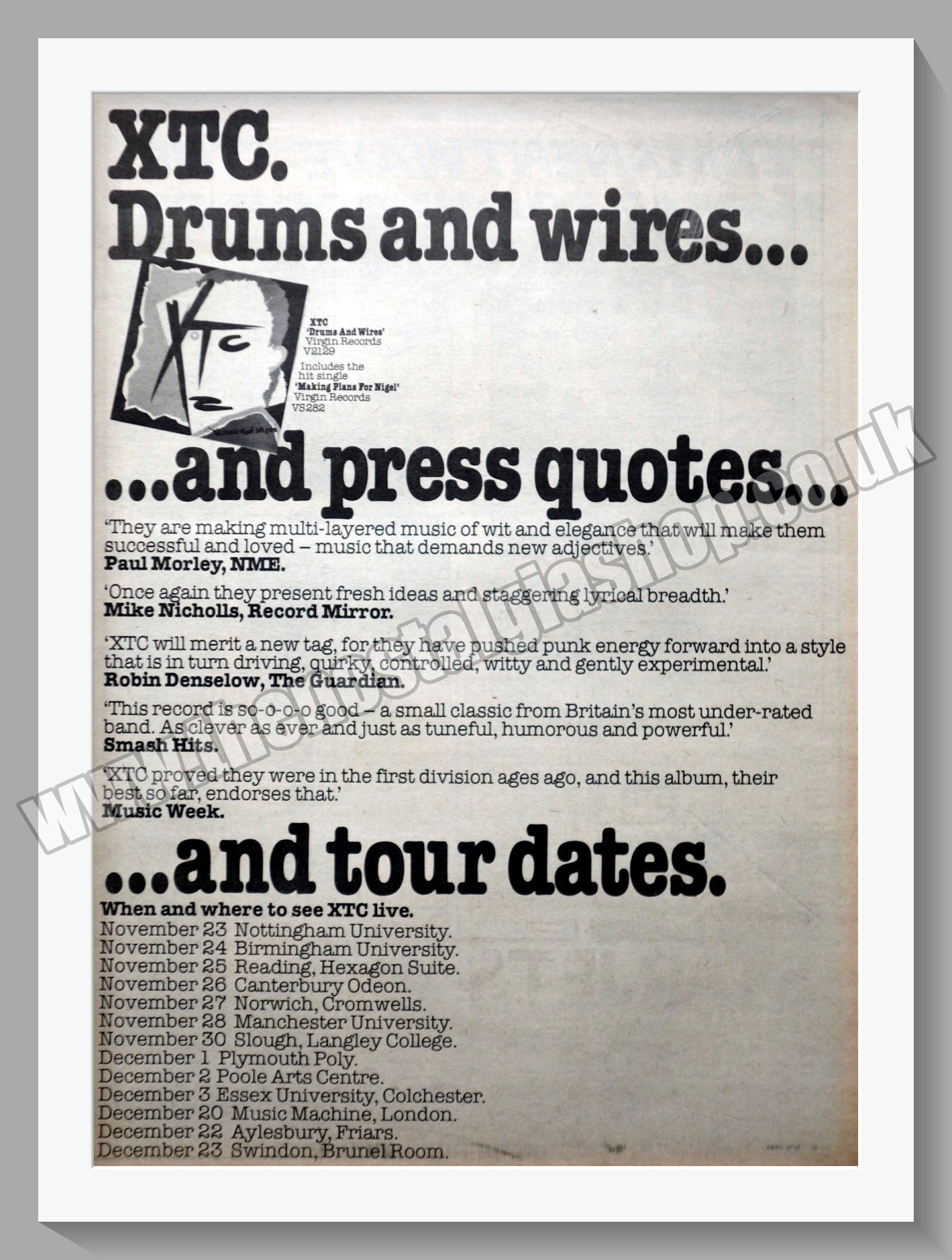 XTC Drums and Wires. UK Tour. Vintage Advert 1979 (ref AD14581)