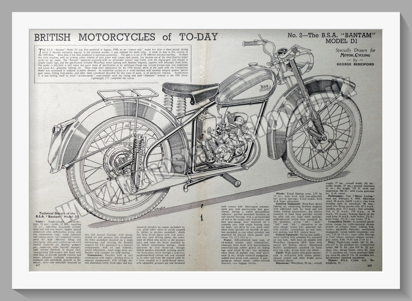 BSA Bantam Model D1 Motorcycle. Technical Print from 1951 (ref AD14520)