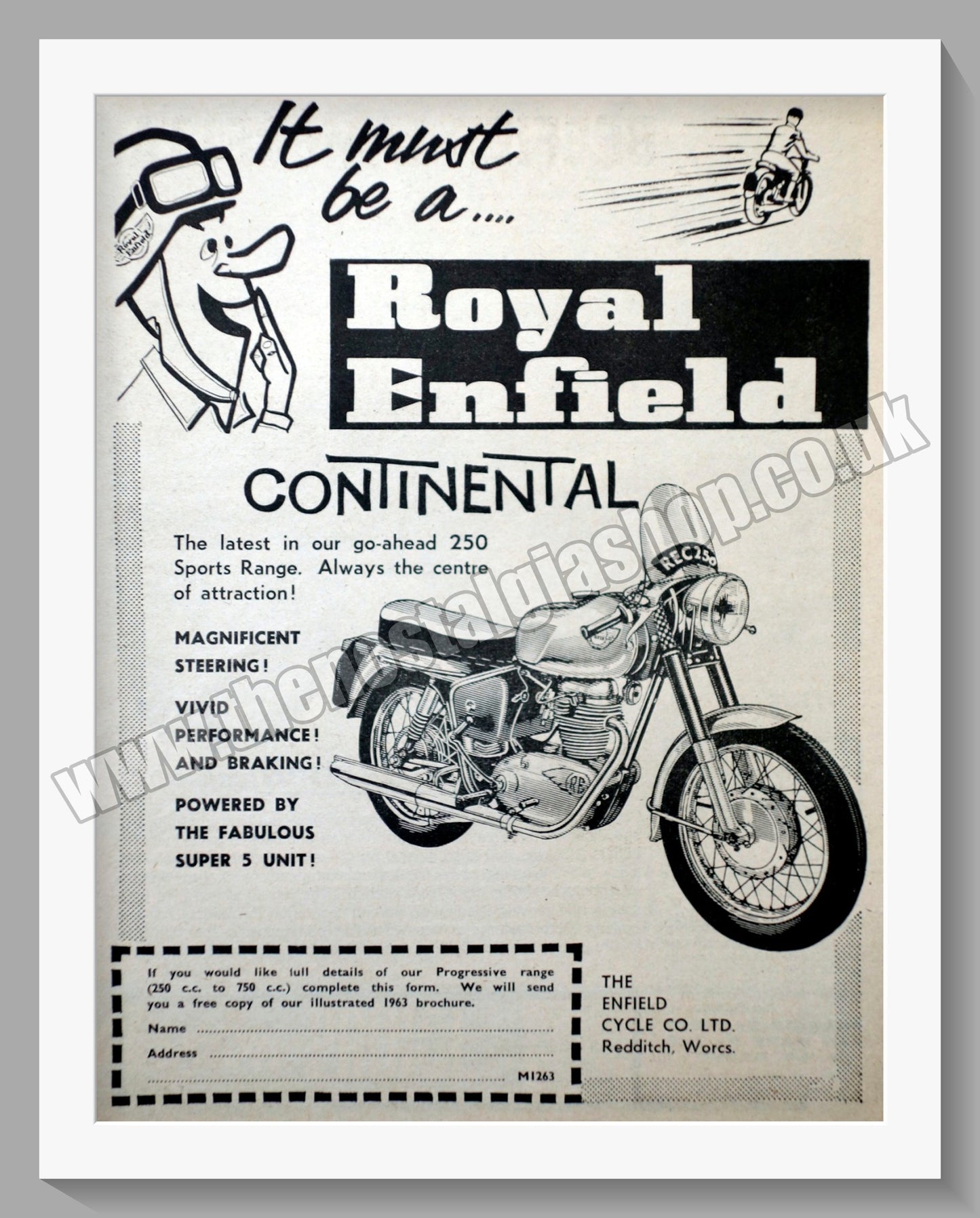 Royal Enfield Continental 250cc Motorcycle. Original Advert 1963 (ref AD57153)