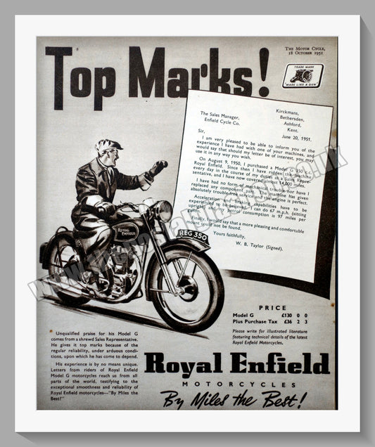 Royal Enfield 350cc Model G Motorcycle. Original Advert 1951 (ref AD57357)