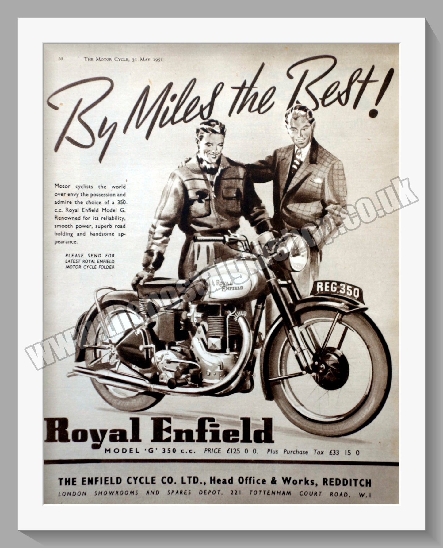 Royal Enfield 350cc Model G Motorcycle. Original Advert 1951 (ref AD57356)