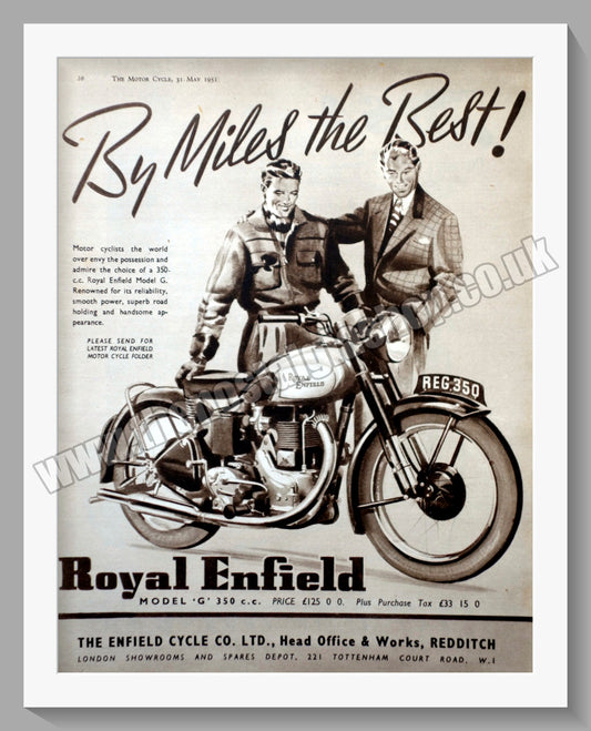 Royal Enfield 350cc Model G Motorcycle. Original Advert 1951 (ref AD57358)