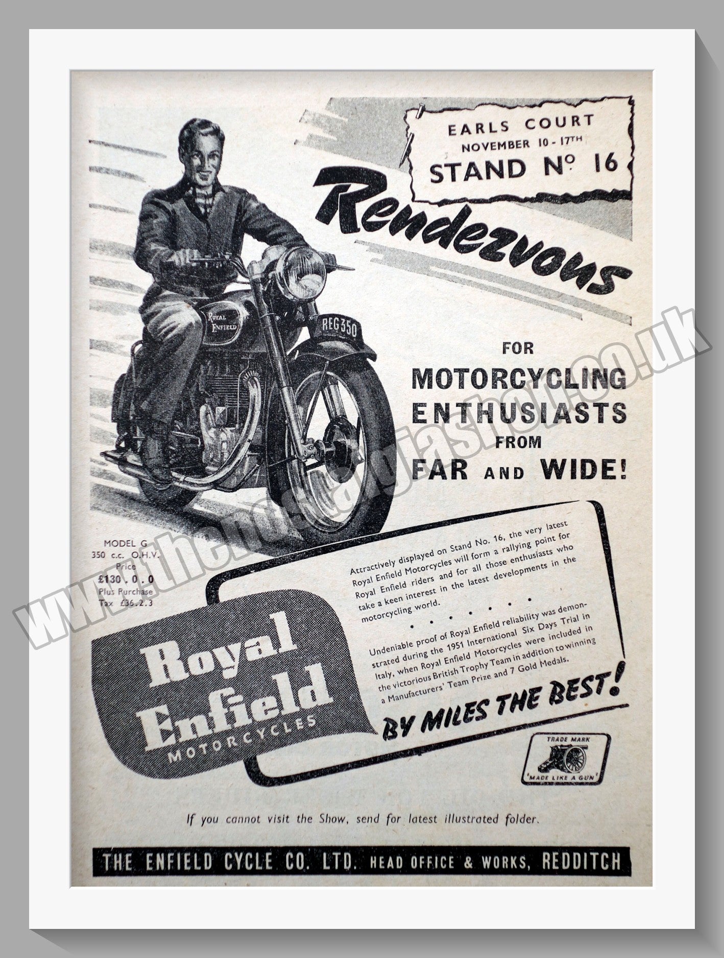 Royal Enfield 350cc Model G Motorcycle. Original Advert 1951 (ref AD57359)