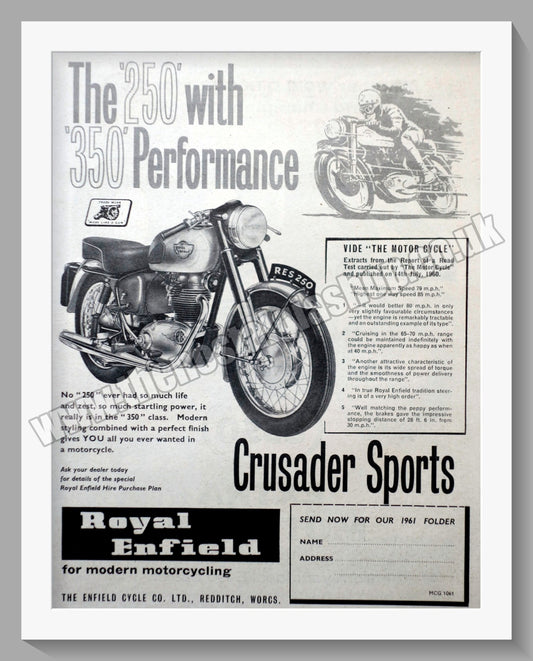 Royal Enfield 250cc Crusader Sports Motorcycle. Original Advert 1961 (ref AD57367)